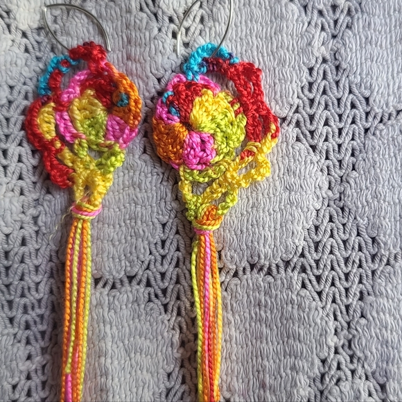 Boho Carnival Crochet Floral Fringe Earrings Handmade - Picture 1 of 2